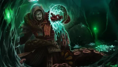 Fan art showing a hooded character beside a glowing spectral creature in a dark green cavern.