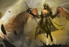Fan art depicting a winged armored warrior wielding a spear amid lightning and falling debris.