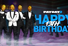 Four masked PAYDAY 2 characters in suits beneath a PAYDAY 2 Happy 13th Birthday graphic