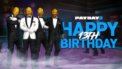 Four masked PAYDAY 2 characters in suits beneath a PAYDAY 2 Happy 13th Birthday graphic