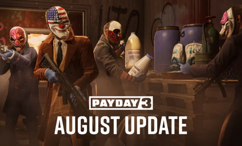 Masked PAYDAY 3 heisters gathered in a room during the August Update