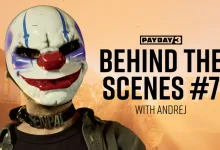 PAYDAY 3 graphic showing a masked clown character beside the words “Behind the Scenes #7 with Andrej”