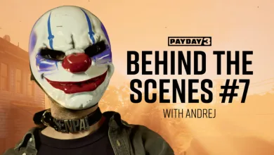 PAYDAY 3 graphic showing a masked clown character beside the words “Behind the Scenes #7 with Andrej”