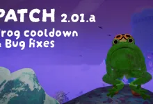 A large green frog stands against a purple mountain scene beneath text reading PATCH 2.01.a Frog Cooldown & Bug Fixes