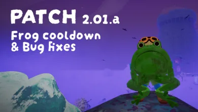 A large green frog stands against a purple mountain scene beneath text reading PATCH 2.01.a Frog Cooldown & Bug Fixes