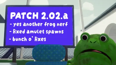 A green frog beside a sign reading PATCH 2.02.a, with notes about another frog nerf, fixed amulet spawns, and other fixes