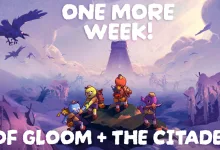Four PEAK scouts stand on a mountain beneath birds and purple skies, with text reading “ONE MORE WEEK! OF GLOOM + THE CITADEL”