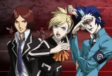 Three Persona 2 characters posed against a dark red background