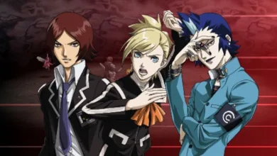 Three Persona 2 characters posed against a dark red background
