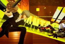 Persona 4 Revival gameplay shows a character raising a weapon as a Shadow enemy attacks in a neon-lit scene.