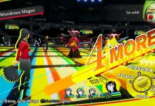 Persona 4 Revival party battling in a colorful dungeon
