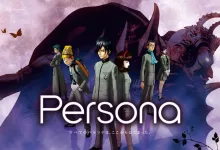 Illustrated Persona characters standing beneath a large Persona logo and a dark creature