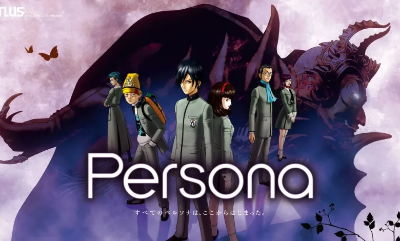 Illustrated Persona characters standing beneath a large Persona logo and a dark creature