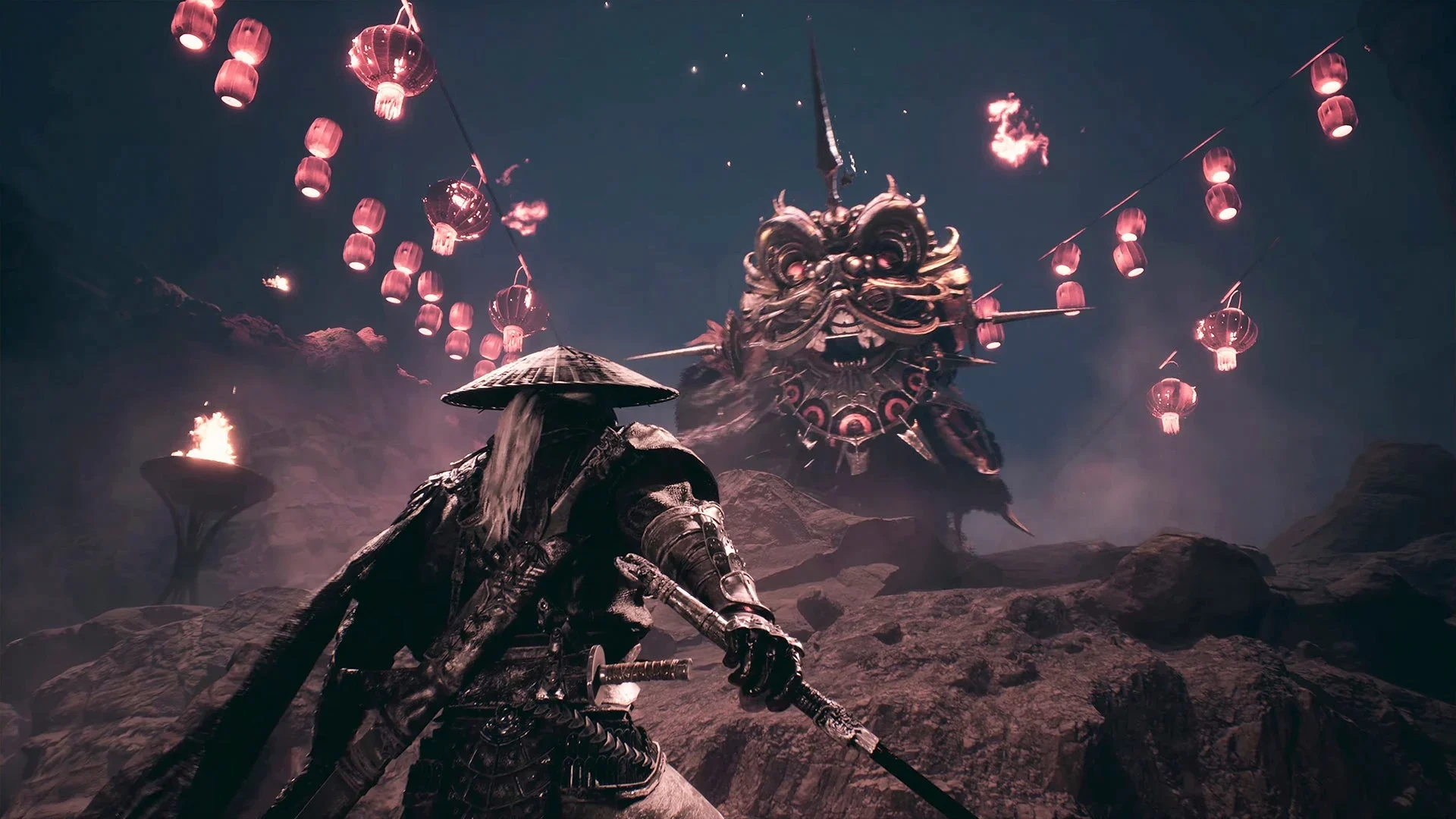 Phantom Blade Zero character facing a floating masked figure beneath hanging lanterns