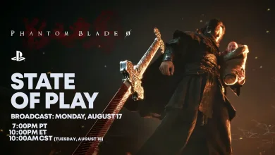 Phantom Blade Zero State of Play artwork announcing the Monday, August 17 broadcast with two characters and a large sword
