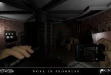 First-person Phasmophobia gameplay showing a player holding investigation equipment in a dark brick-lined room