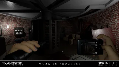 First-person Phasmophobia gameplay showing a player holding investigation equipment in a dark brick-lined room