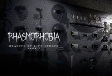 Phasmophobia investigation equipment displayed on a wall beneath the Quality of Life Update Part 2 title