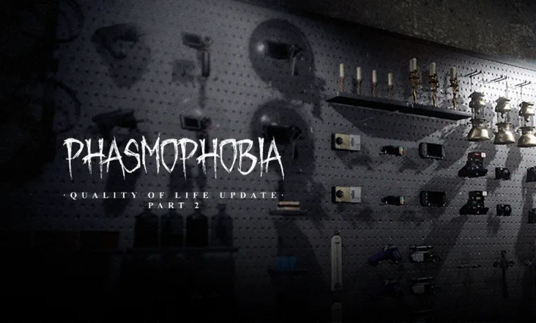 Phasmophobia investigation equipment displayed on a wall beneath the Quality of Life Update Part 2 title