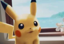 Pikachu stands indoors beside a window overlooking a bright blue landscape.