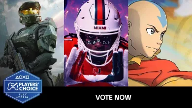 PlayStation Players’ Choice July 2026 poll graphic featuring Halo, a football game, and Avatar characters above a Vote Now message