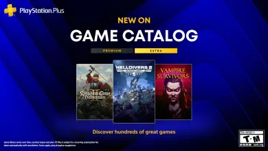 PlayStation Plus Game Catalog graphic featuring Kingdom Come: Deliverance II, Helldivers 2, and Vampire Survivors.