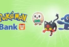 Pokémon Bank logo with Rowlet, Litten, and Popplio on a green background