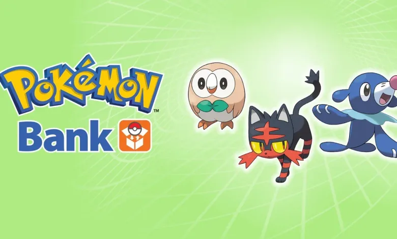 Pokémon Bank logo with Rowlet, Litten, and Popplio on a green background