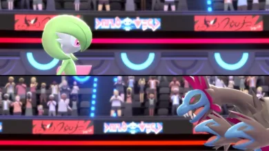 Gardevoir and Salamence face each other in a Pokémon Champions battle arena