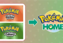 Graphic showing Pokémon FireRed Version and LeafGreen Version connecting to Pokémon HOME
