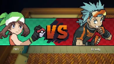 A Pokémon Gamma Emerald battle scene showing May facing Brawly