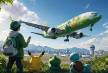 A green Pokémon-themed passenger jet flies over an airport as a Trainer and three Pokémon watch from a hillside.