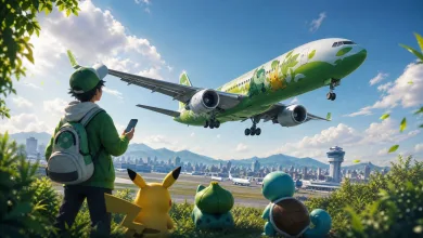 A green Pokémon-themed passenger jet flies over an airport as a Trainer and three Pokémon watch from a hillside.