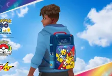 Pokémon GO avatar wearing a Pikachu-themed backpack with PokémonXP and 2026 World Championships logos visible at left