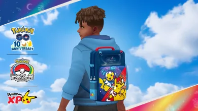 Pokémon GO avatar wearing a Pikachu-themed backpack with PokémonXP and 2026 World Championships logos visible at left