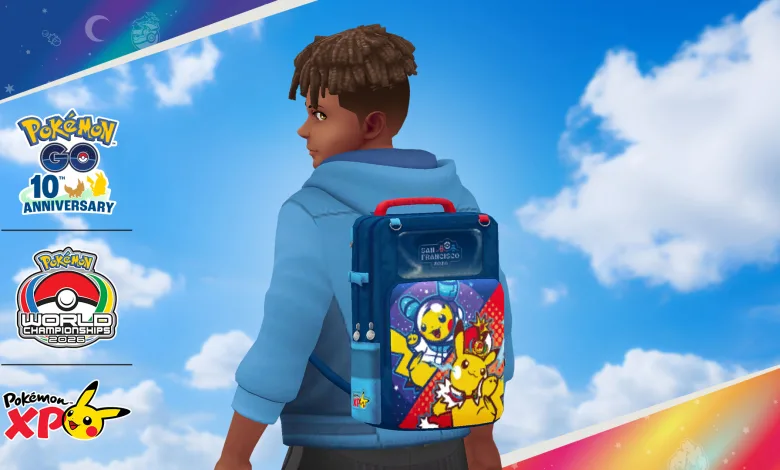 Pokémon GO avatar wearing a Pikachu-themed backpack with PokémonXP and 2026 World Championships logos visible at left
