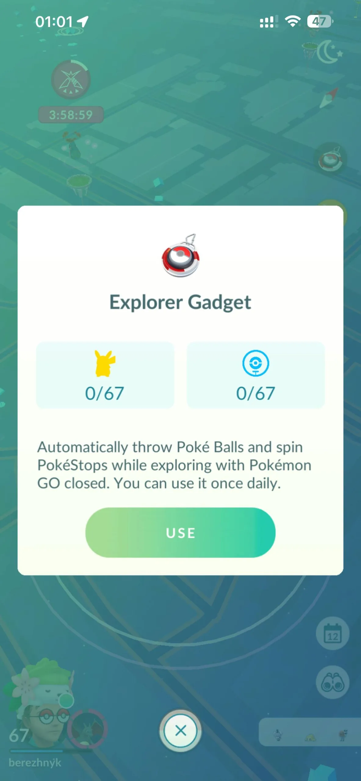 Pokémon GO Explorer Gadget card showing two 0/67 counters and a Use button