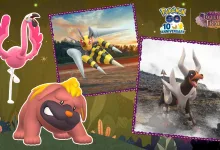 Flamigo, Mega Beedrill, Mabosstiff, and Houndoom featured in Pokémon GO Mega Squads event artwork
