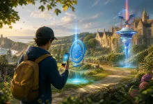 A Pokémon GO player uses a phone beside glowing blue in-game markers in the grounds of a historic British estate.