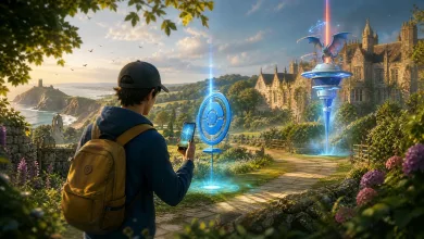 A Pokémon GO player uses a phone beside glowing blue in-game markers in the grounds of a historic British estate.