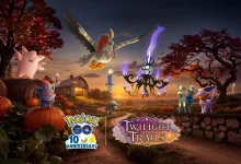 Pokémon gather in an autumn village at night beneath the Pokémon GO Twilight Trails logo