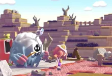 Pokémon Pokopia gameplay showing a character beside a large Pokémon in a rocky area