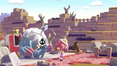 Pokémon Pokopia gameplay showing a character beside a large Pokémon in a rocky area