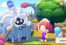 Pokémon Pokopia gameplay showing a pink-haired character beside a large white Pokémon and a blue Pokémon in a sunny island setting.