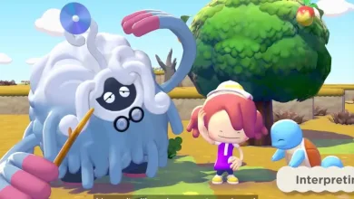 Pokémon Pokopia gameplay showing a pink-haired character beside a large white Pokémon and a blue Pokémon in a sunny island setting.