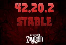 Red Project Zomboid artwork announcing version 42.20.2 stable.