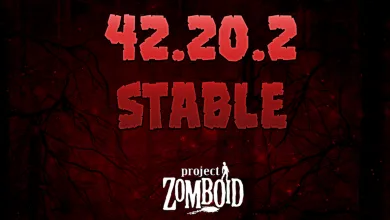Red Project Zomboid artwork announcing version 42.20.2 stable.
