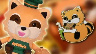 Chef Spiffo plush in a green chef's outfit beside a Spiffo mascot pin.