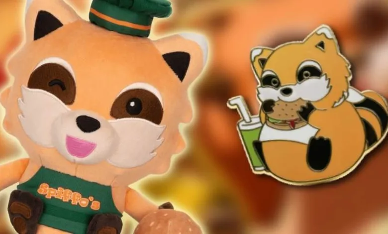 Chef Spiffo plush in a green chef's outfit beside a Spiffo mascot pin.