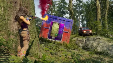 A character aims a rifle at a brightly colored container in a forest while a vehicle approaches in the background